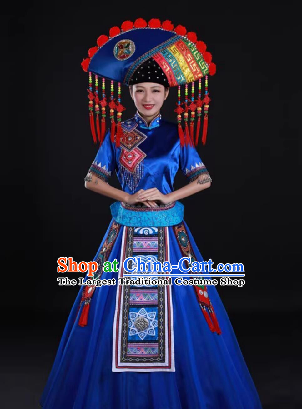 Chinese Minority Singer Stage Performance Costume Zhuang Ethnic Royal Blue Floral Long Dress for Women