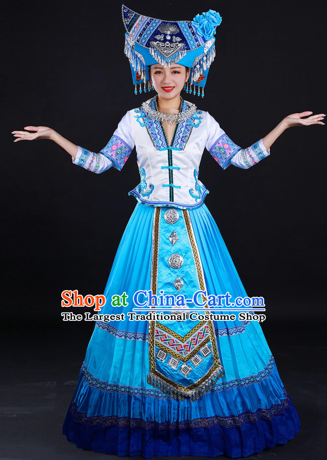 Stage Performance Blue Long Dress Traditional Chinese Ethnic Festival Attire Zhuang Third Sister Liu Folk Dance Costume