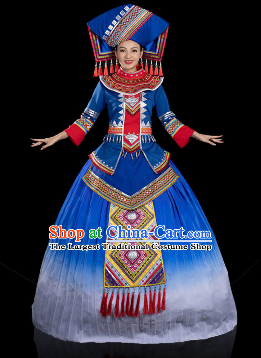 Chinese Ethnic Style Zhuang Costume Third Sister Liu Stage Blue Dress