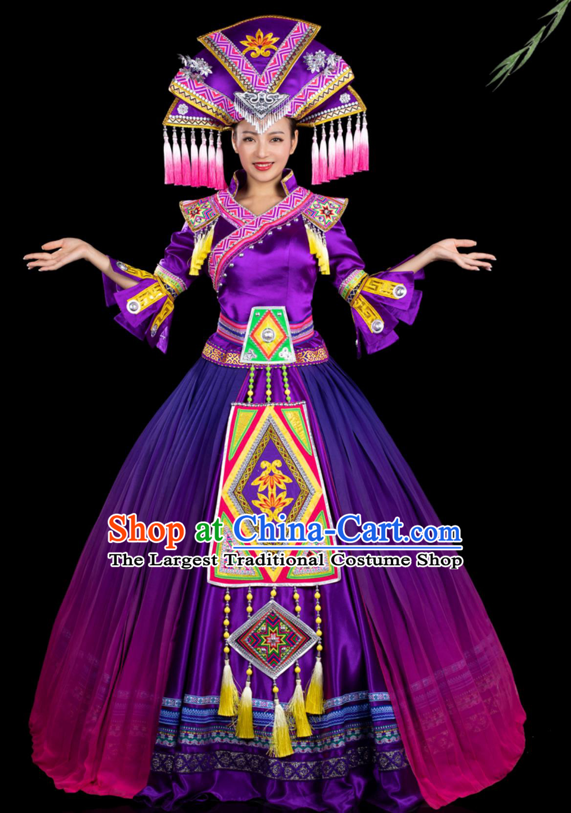 Chinese Ethnic Style Costume Zhuang Minority Third Sister Liu Stage Purple Dress