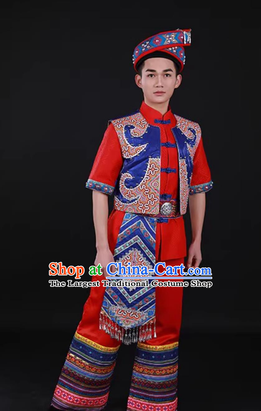 Guangxi Zhuang Ethnic Men Dance Costume Traditional Chinese March Third Festival Performance Attire