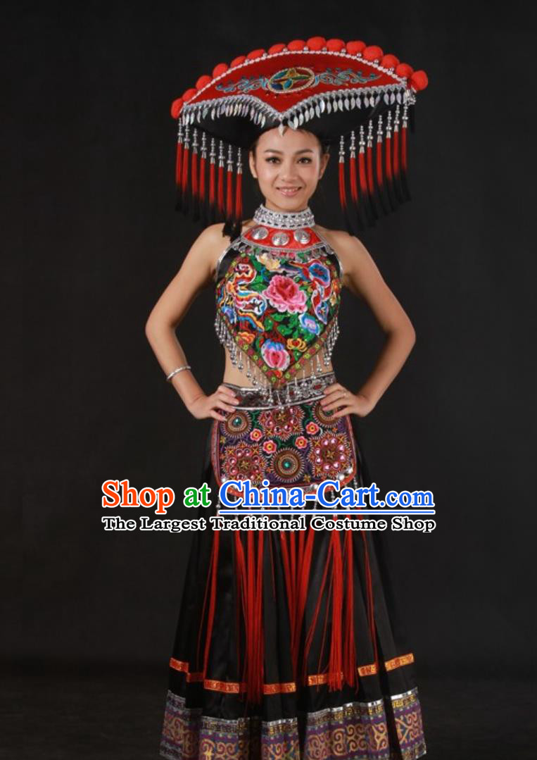 Zhuang Ethnic Floral Embroidery Black Outfit Chinese Traditional Mid Length Women Dress