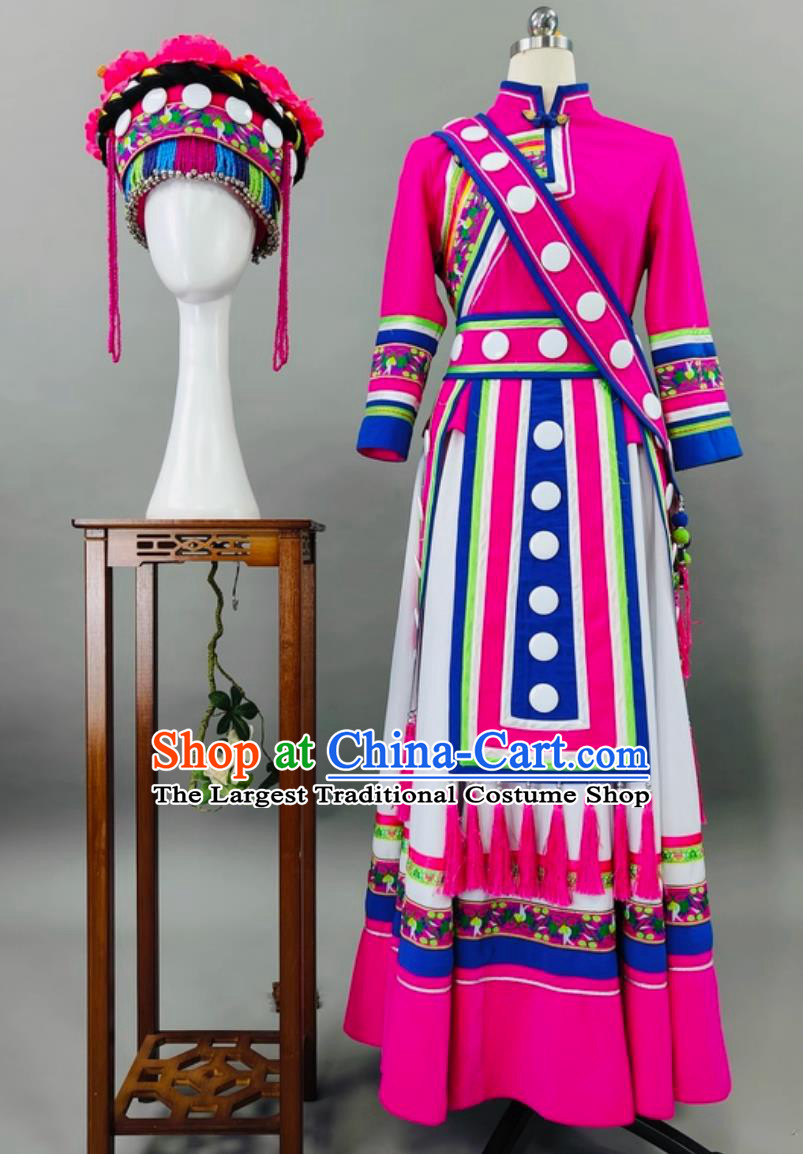 Lisu Ethnic Stage Performance Costume Chinese Minority Style Attire Large Stage Show Pink Outfit