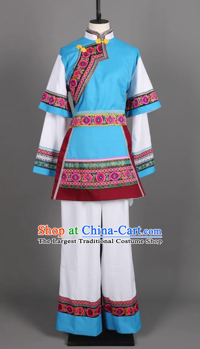 Chinese Stage Performance Blue Outfit Yunnan Women Dali Embroidered Costume Golden Flower Performance Hulusi Show Attire