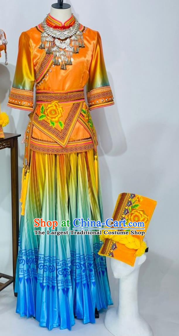 Tujia Ethnic Women Costume Chinese Traditional Style Stage Performance Dress Minority Group Ceremonial Dance Attire