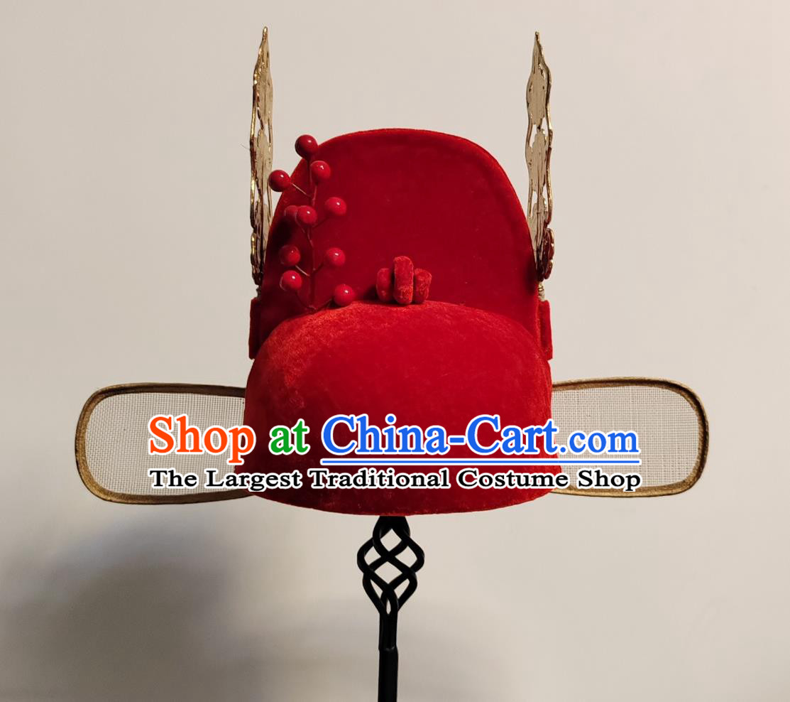 Red Number One Scholar Traditional Wusha Hat Ancient Chinese Official Headwear Wedding Headpiece