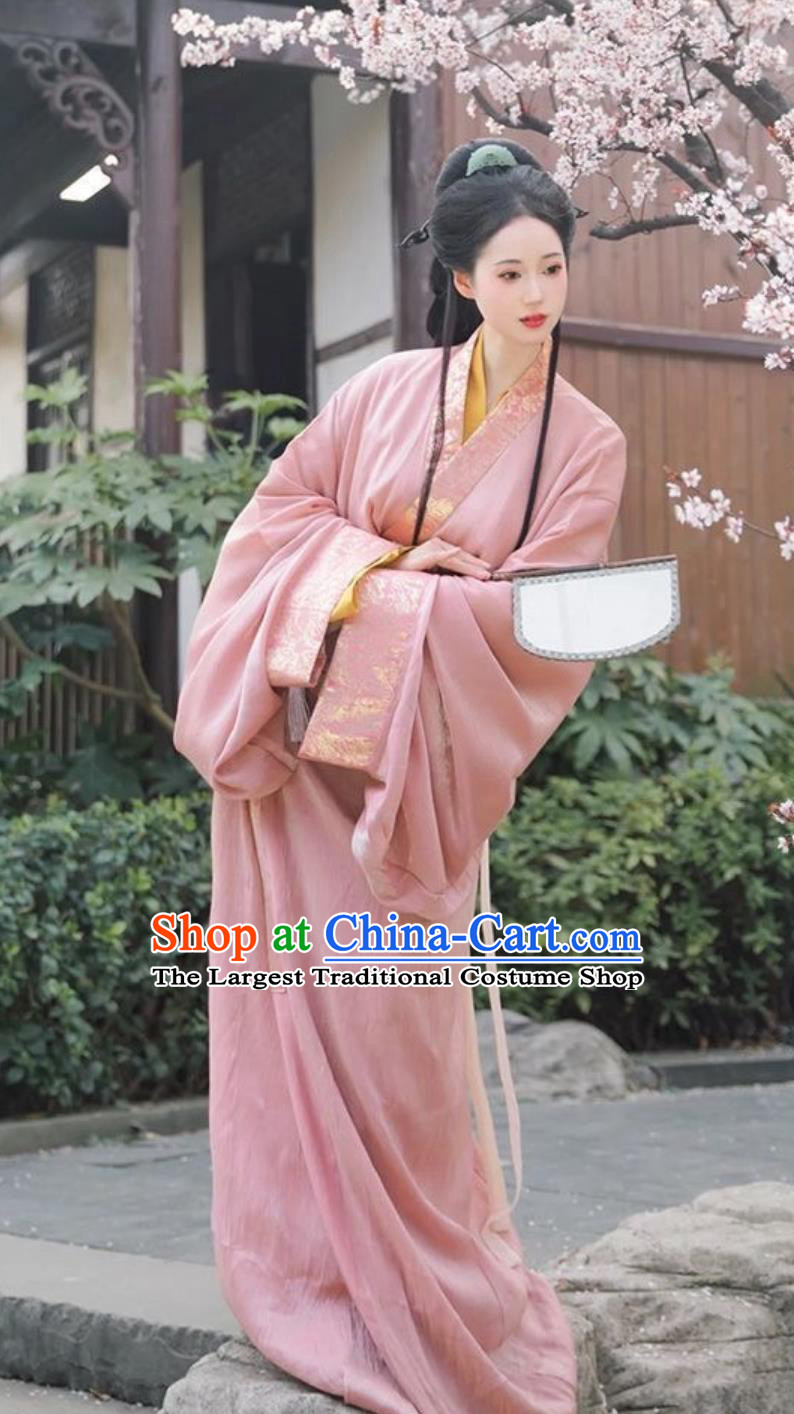 Warring States Zhiju Straight Hem Robe Ancient Chinese Costume Women Pink Hanfu Dress