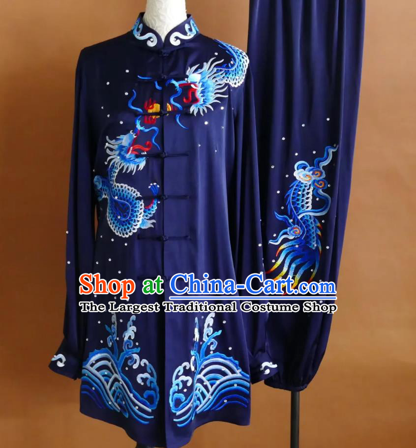 Navy Blue Dragon Embroidered Tai Chi Performance Uniform Kung Fu Group Competition Costume