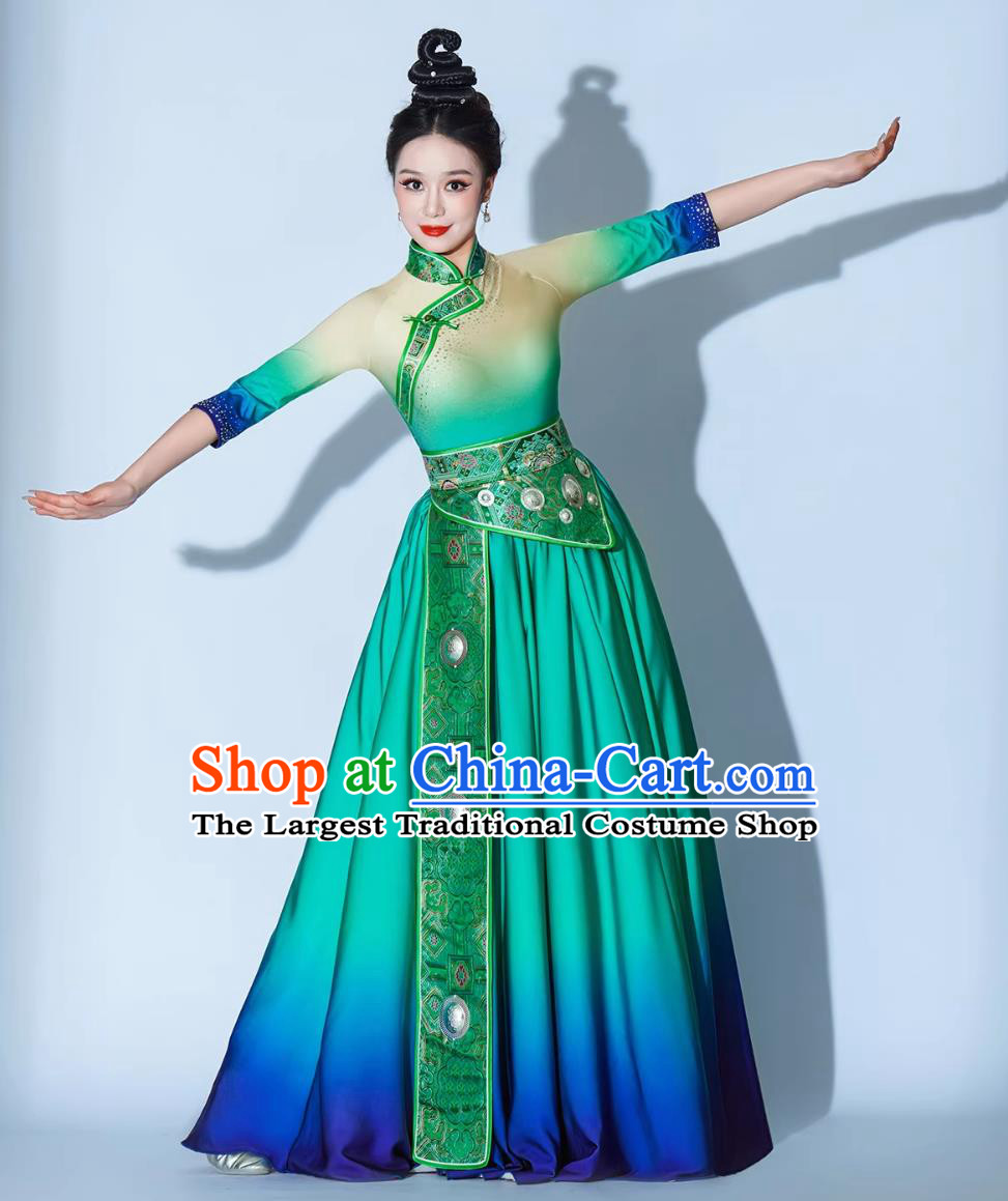 Galsang Flower Dance Performance Costume Chinese Ethnic Clothing Women Tibetan Dance Green Dress