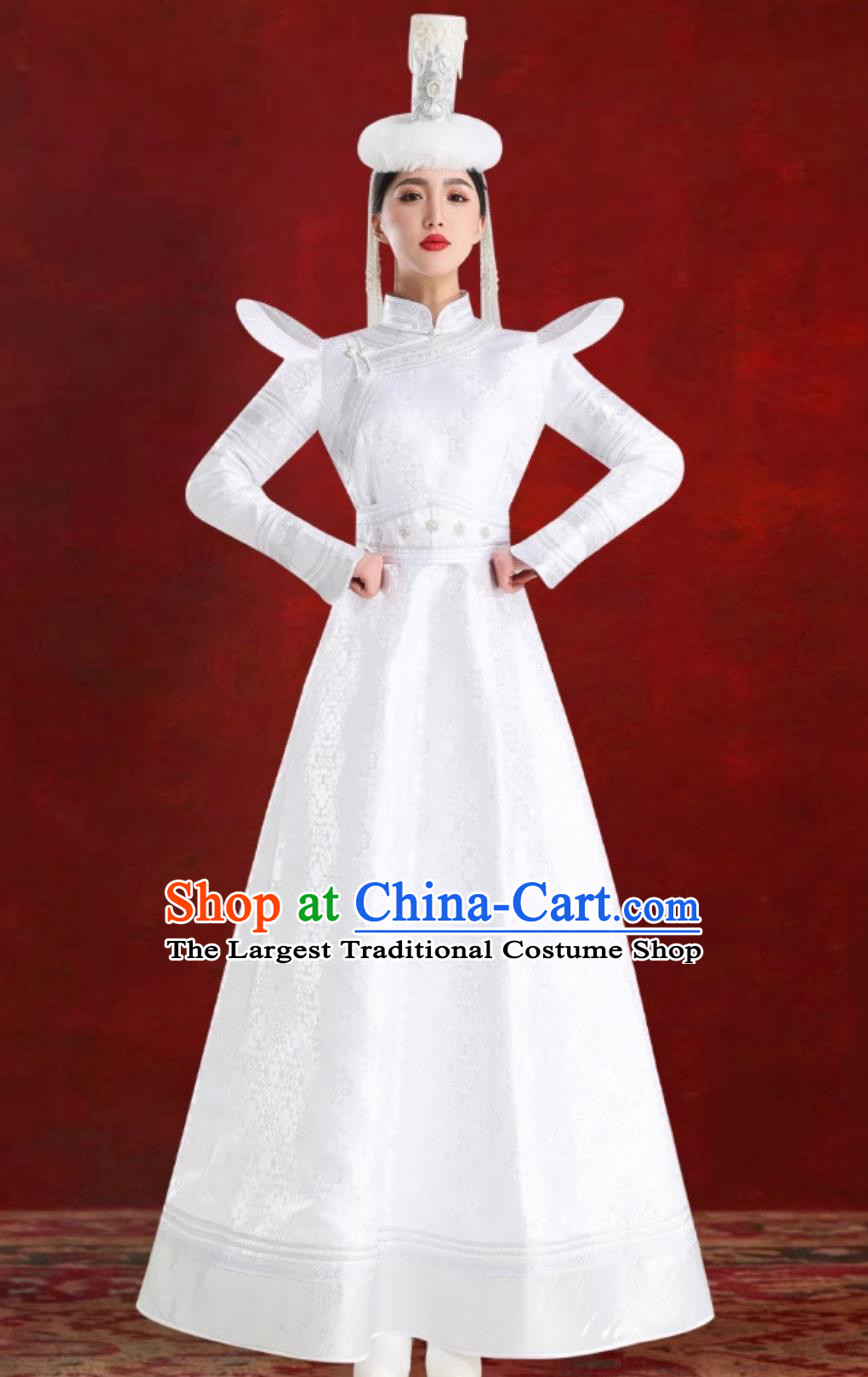 Women White Mongolian Robe Chinese Mongolia Ethnic Minority Costume Performance Wedding Dress