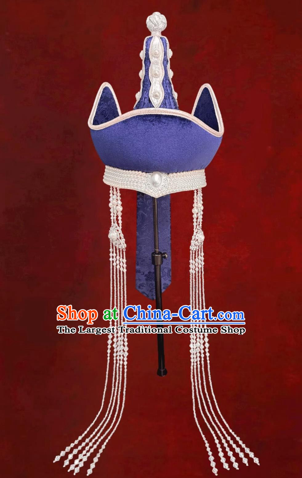 Blue Mongolian Ethnic Tassel Headpiece Women Pointed Top Dance Performance Hair Accessory Forehead Ornament
