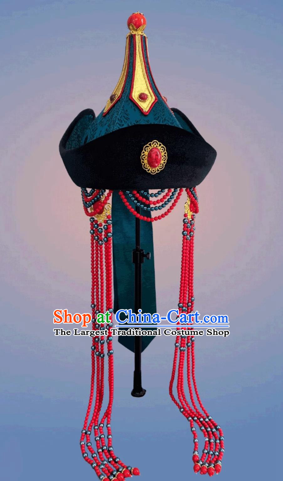 Teal Mongolian Ethnic Tassel Headpiece Pointed Top Mongolian Dance Performance Hair Accessory Chinese Forehead Hat