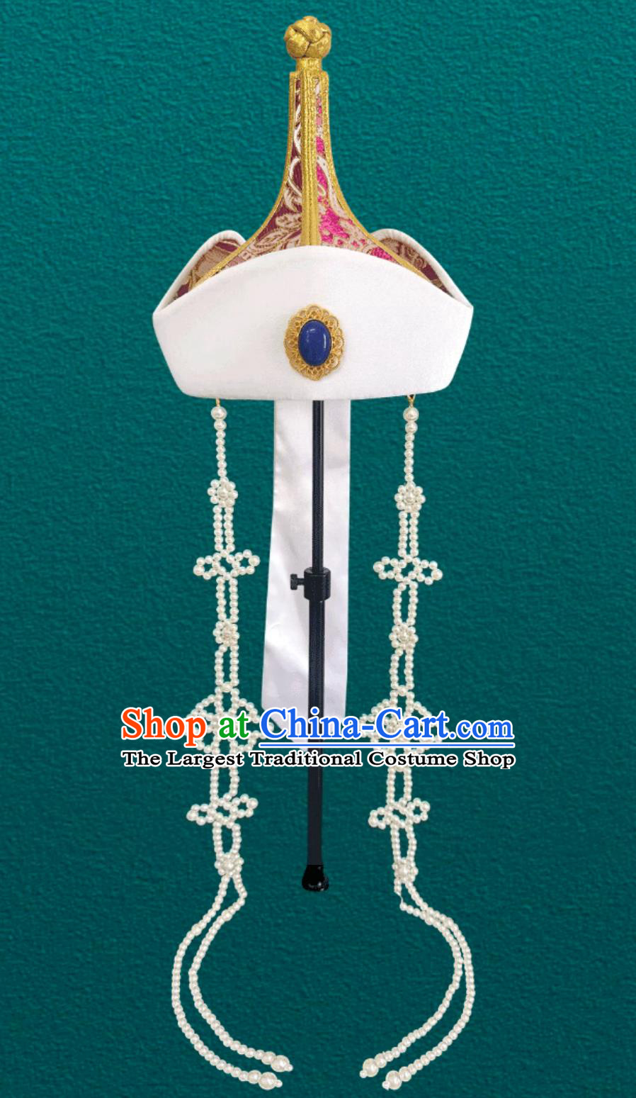 Pink Gold Girl Mongolian Ethnic Tassel Headpiece Pointed Top Chinese Mongolia Dance Performance Forehead Hat