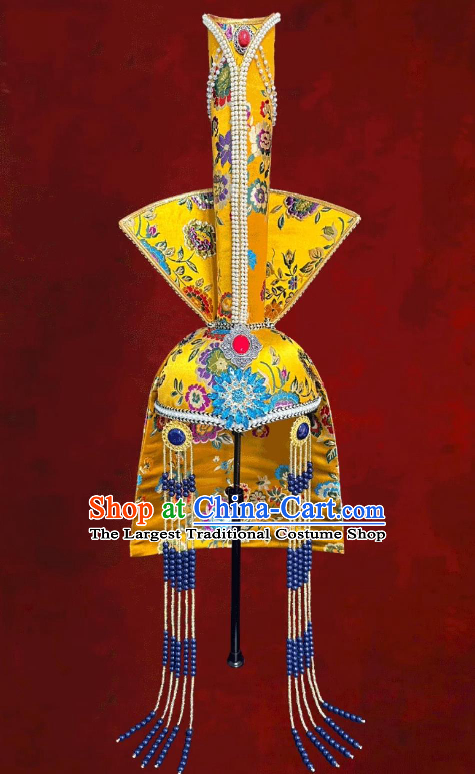 Mongolian Ladies Yellow Tassel High Top Hat Chinese Mongolia Ethnic Dance Performance Wedding Show Headpiece