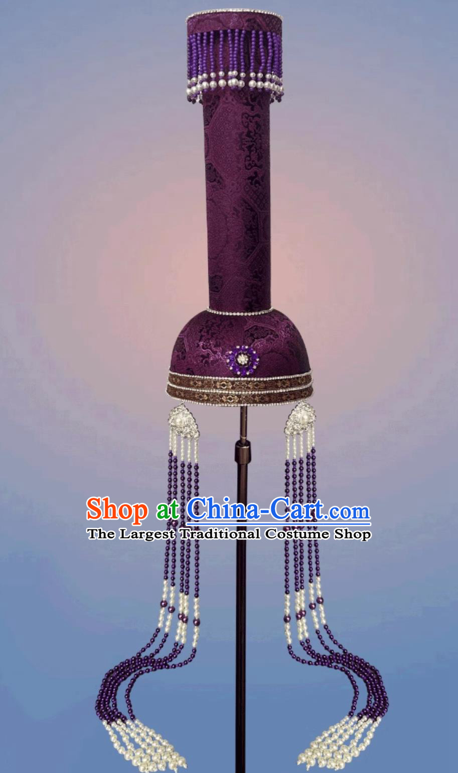 Ladies Mongolian Purple High Top Hat Chinese Ceremonial Grand Dance Performance Headpiece