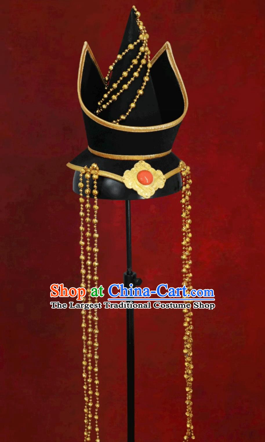 Mongolian Ladies Black Headpiece Forehead Pointed Hat Dance Performance Mongolian Hair Accessory