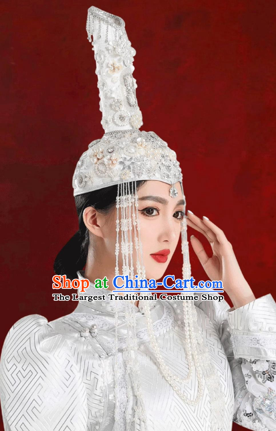 Mongolian Ladies White Tassel High Top Hat Dance Performance Headwear Chinese Mongol Wedding Show Headpiece