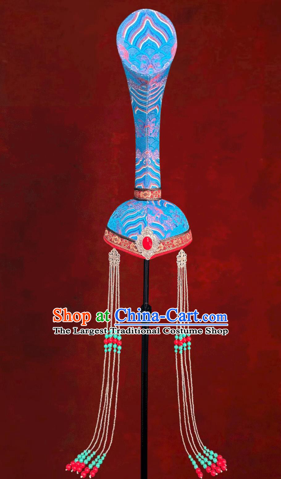 Mongolian Ladies Blue High Top Horn Hat Photography Fashion Travel Headpiece Chinese Ethnic Stage Performance Hair Accessory