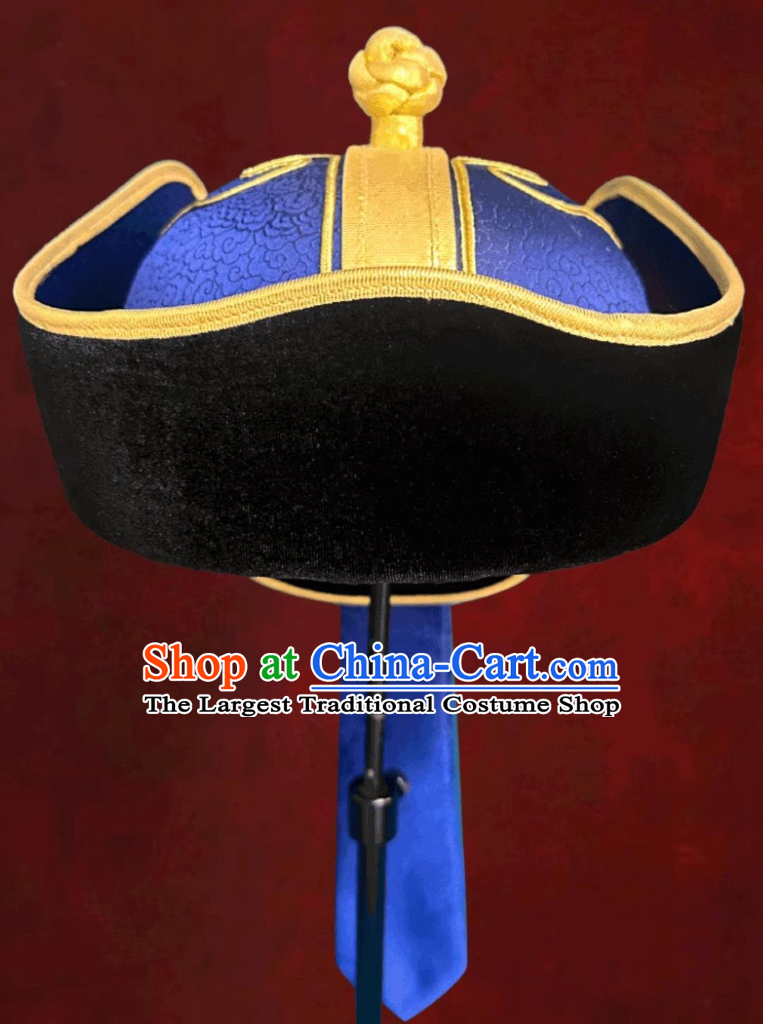 Mongolian Mens Hat Blue Prince Hat Chinese Ethnic Dance Performance Headpiece Groom Wedding Headwear