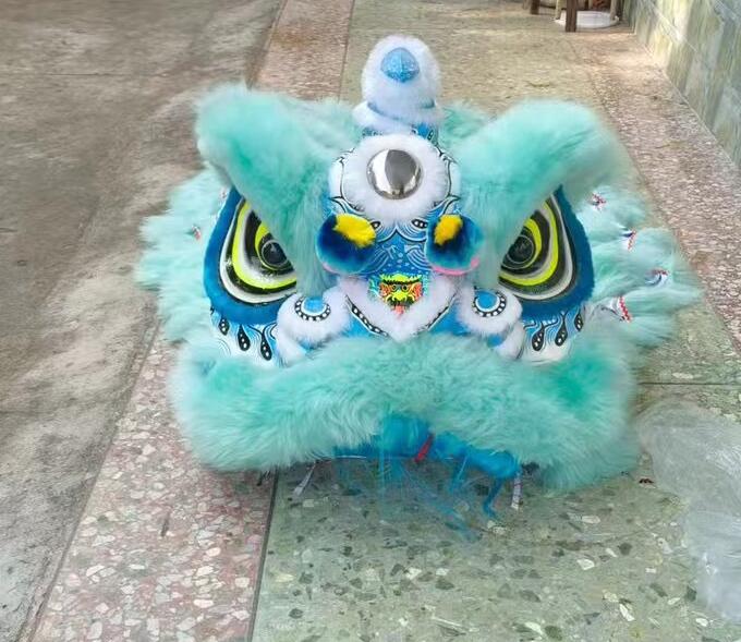 Light Blue Wool Lion Dance Clothing Handmade Chinese Fut San Lion Head and Costume Complete Set