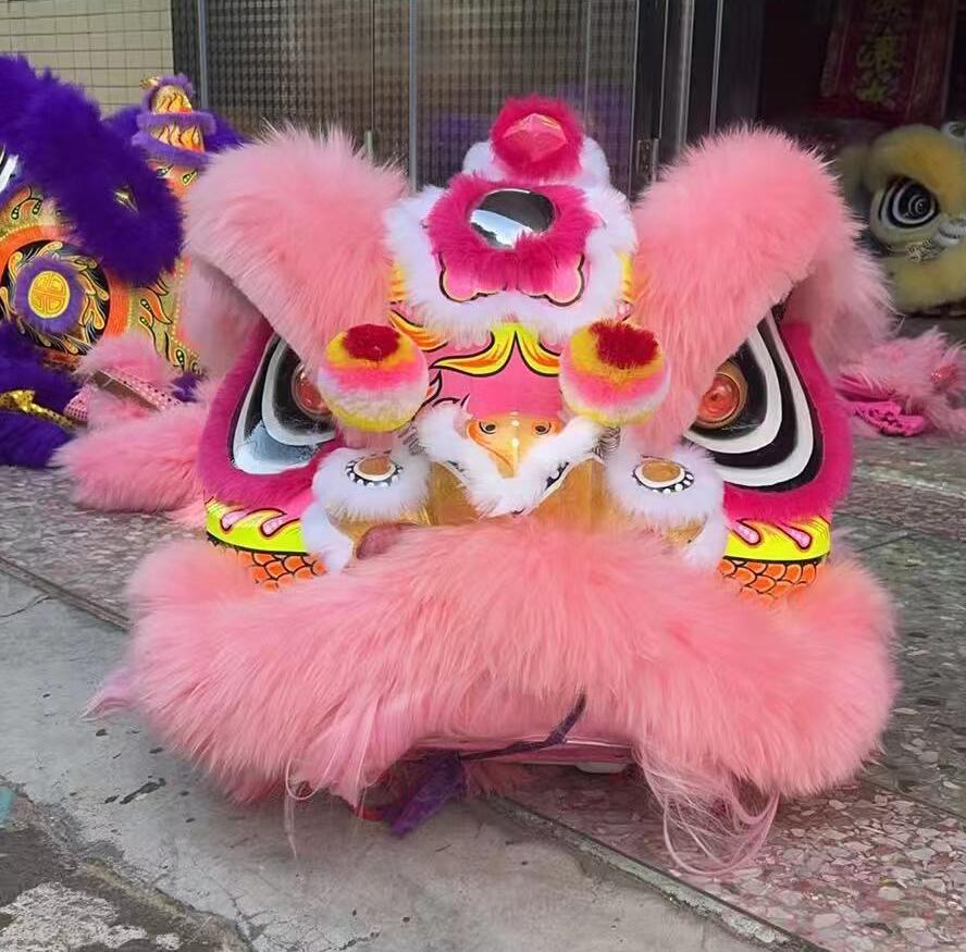 Light Pink Wool Lion Dance Clothing Handmade Chinese Fut San Lion Head and Costume Complete Set