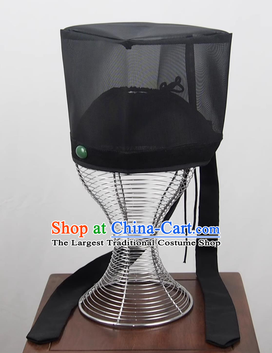 Ming Dynasty Square Scarf Chinese Confucian Black Veil Hat Mens Taoist Jade Decorated Flat Top Headwear