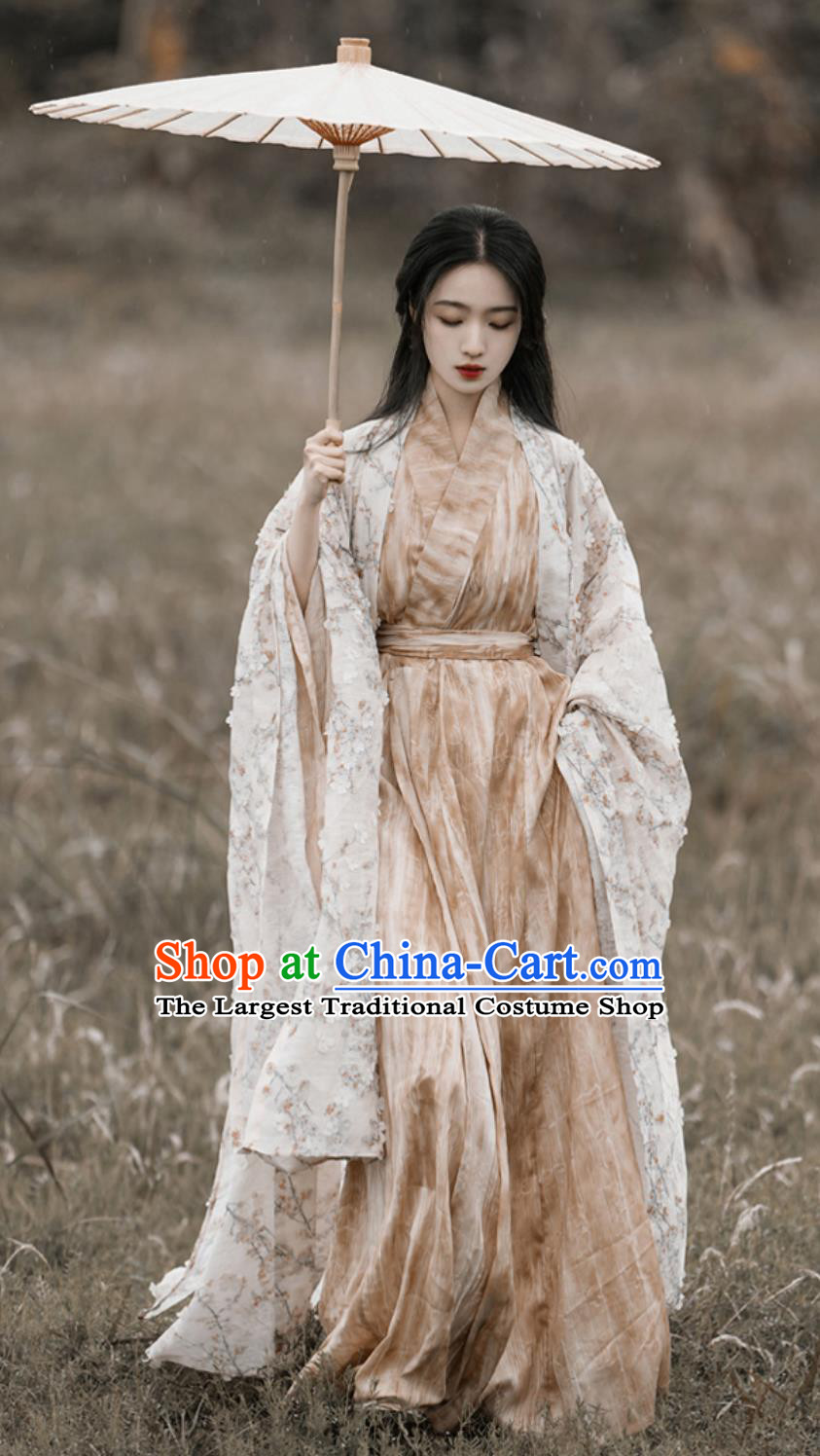 Chinese Hanfu Dress Embroidered Wide Sleeve Long Gown Traditional Straight Hem Robe