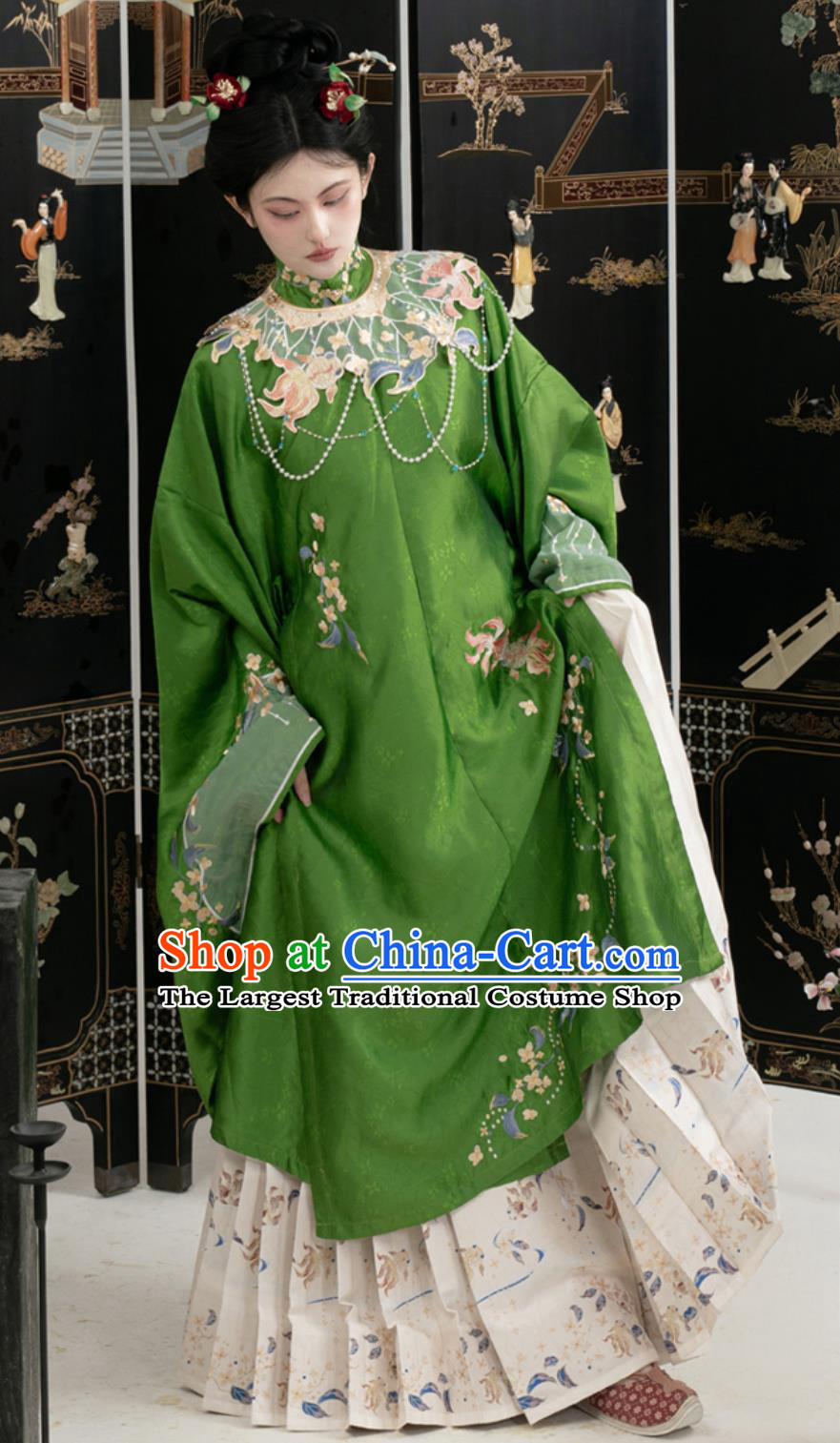 Ming Dynasty Hanfu Women Standing Collar Embroidered Long Gown Horse Face Skirt Ancient Chinese Clothing