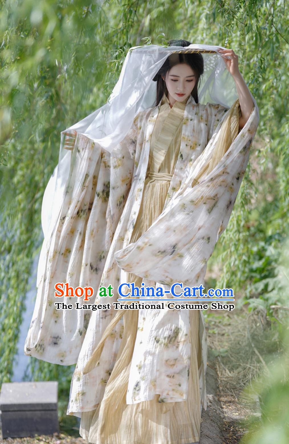 Traditional Chinese Clothing Wei Jin Style Printed Wide Sleeve Robe Cross Collar Straight Hem Hanfu Robe