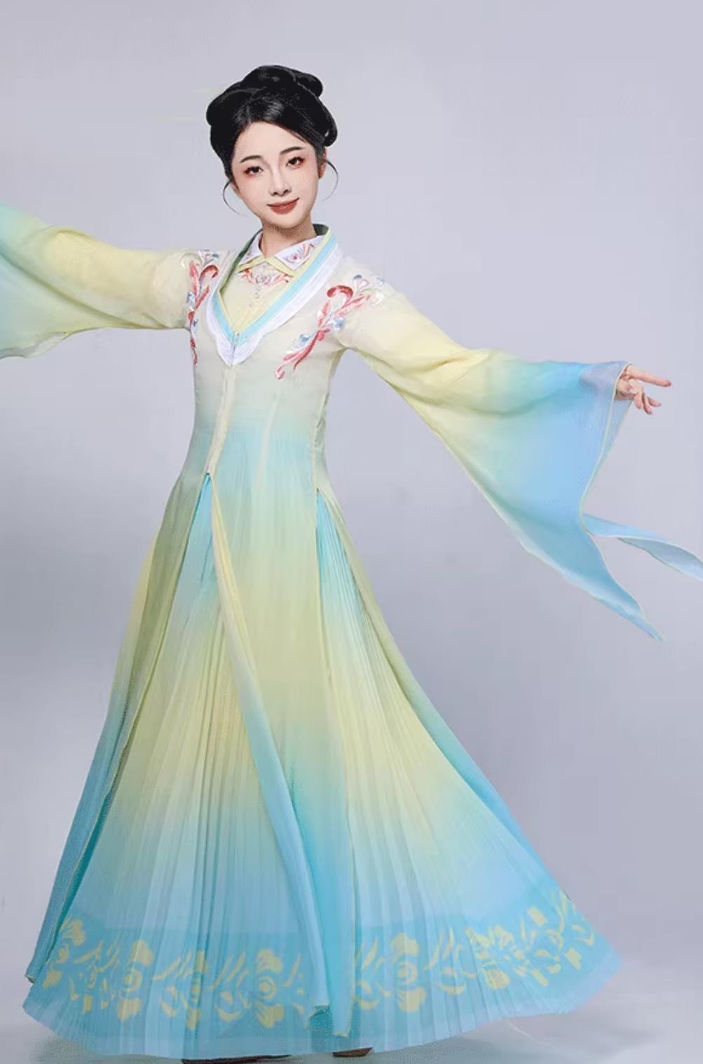 How Can One Not Recall Jiangnan Blue Yellow Gradient Classical Dance Performance Costume Women Fan Group Dance Lotus Award Attire