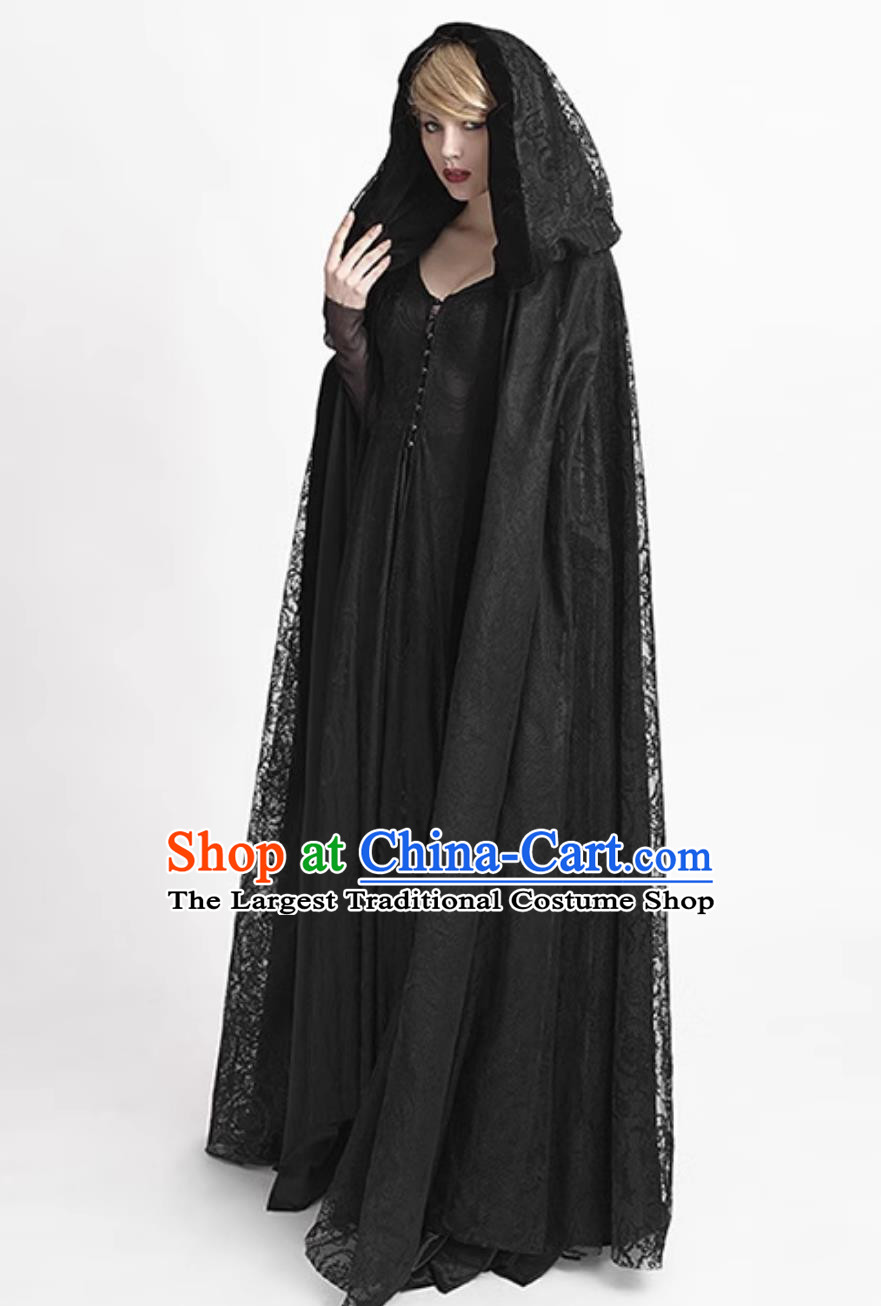 Medieval Ornate Gothic Dark Witch Hooded Long Cape Black Lace Trim Cloak Coat