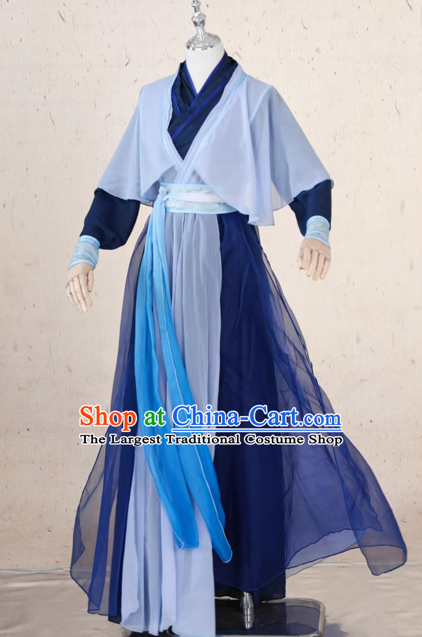 Mens Cosplay Costume Ancient Chinese Swordsman Navy Blue Clothing Traditional Hanfu Young Hero Outfit