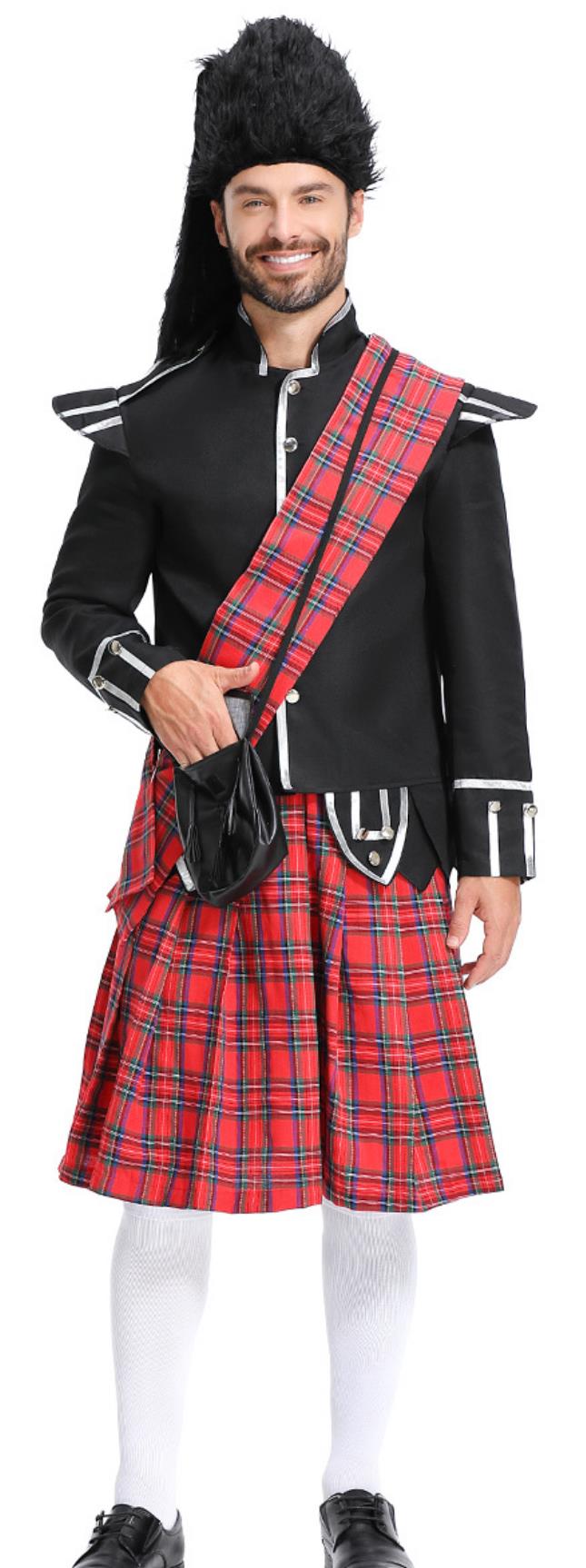Vintage British Guard Costume Classic Red Tartan Kilt Scottish Soldier Bearskin Hat Honor Guard Uniform