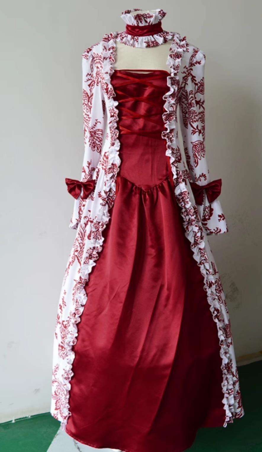 Red Vintage European Court Evening Gown England Long Sleeve Print Full Dress Medieval Stage Performance Costume