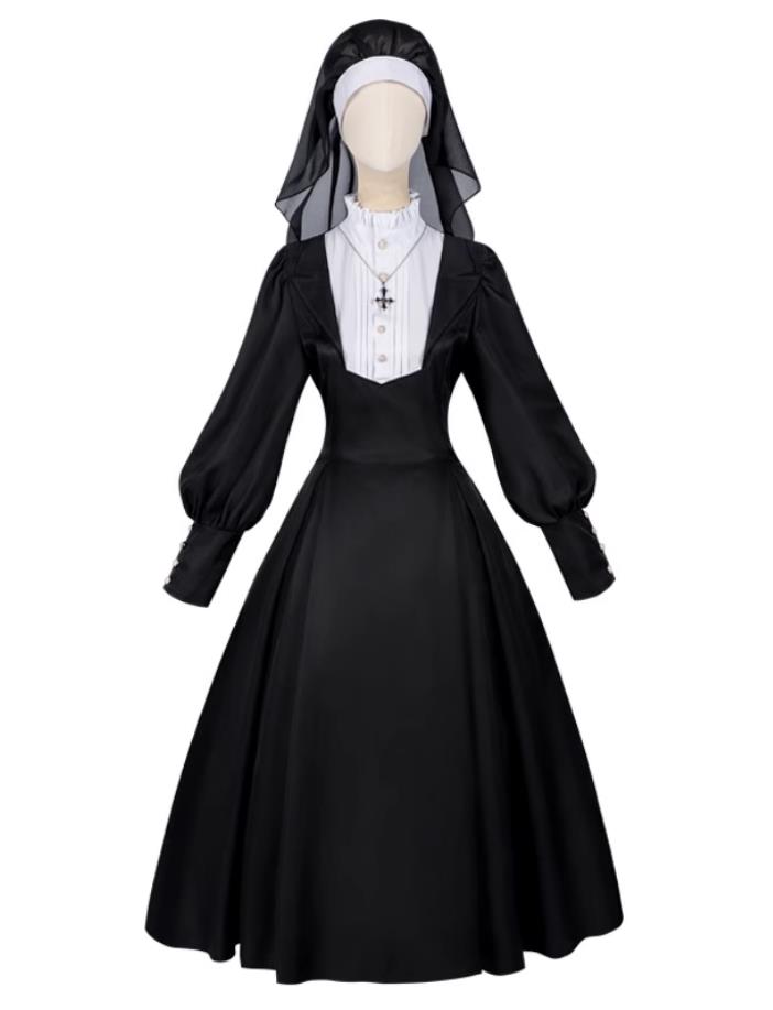 Halloween Black Nun Dress Waist Cute Lolita Lace Ruffled Long Skirt Lolita Convent Gown