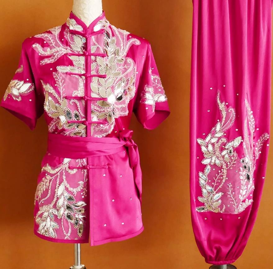 Hot Pink Embroidered Martial Arts Uniform Changquan Suit Students Children Training Clothing Wushu Competition Performance Costume