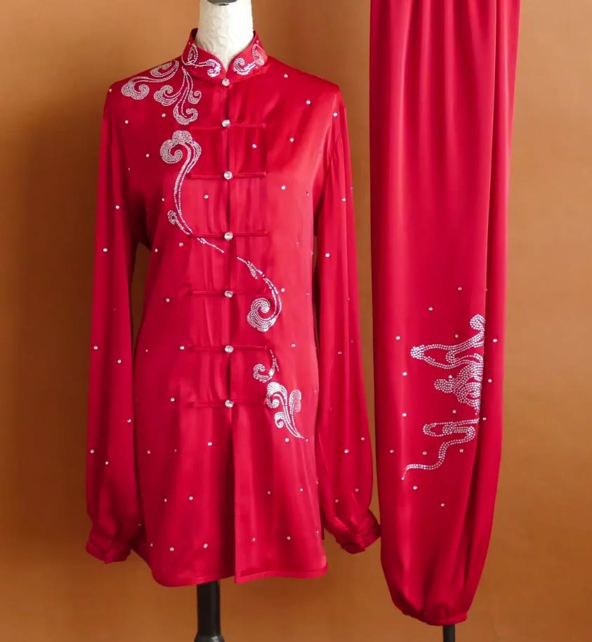 Red Rhinestone Tai Chi Uniform Women Training Suit Taiji Clothing Professional Kung Fu Competition Wear