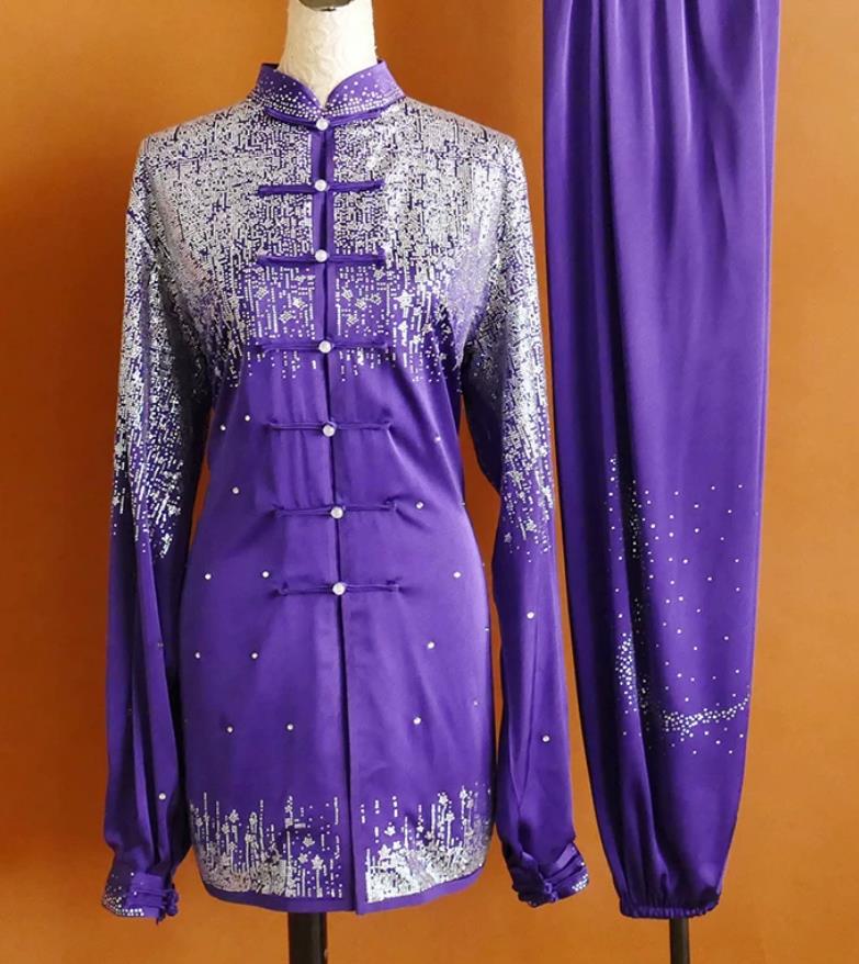 Purple Full Rhinestone Tai Chi Uniform Martial Arts Training Suit Taijiquan Performance Competition Costume