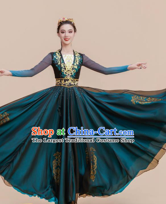 Xinjiang Uyghur Dance Costume Green Gem Performance Outfit Chinese Ethnic Style Flowing Large Skirt