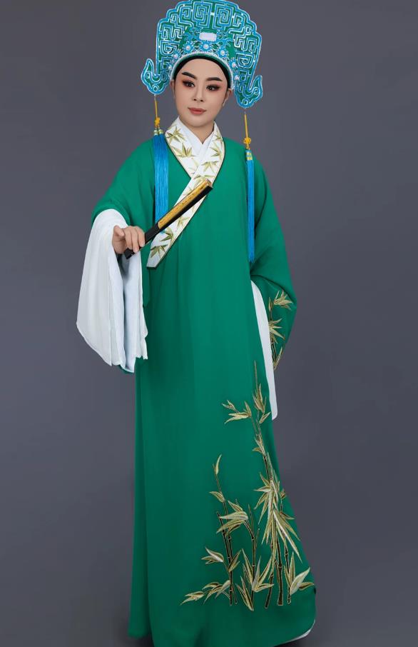 Green Linen Yue Opera Xiaosheng Costume Bamboo Leaf Embroidery Scholar Robe Liang Shanbo Stage Performance Garment