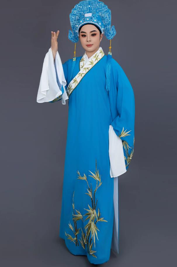 Liang Shanbo Stage Performance Garment Blue Linen Yue Opera Xiaosheng Costume Bamboo Leaf Embroidery Scholar Robe