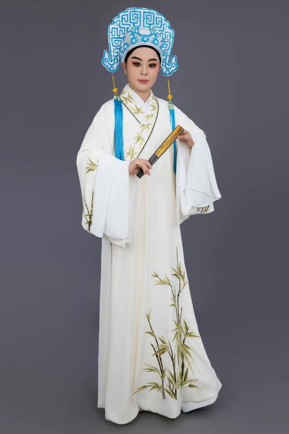 Bamboo Leaf Embroidery Scholar Robe Liang Shanbo Stage Performance Garment White Linen Yue Opera Xiaosheng Costume