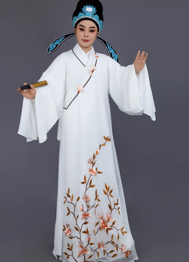 Ancient Chinese Young Male White Robe Yue Opera Xiaosheng Costume Liang Shanbo Traditional Scholar Clothing