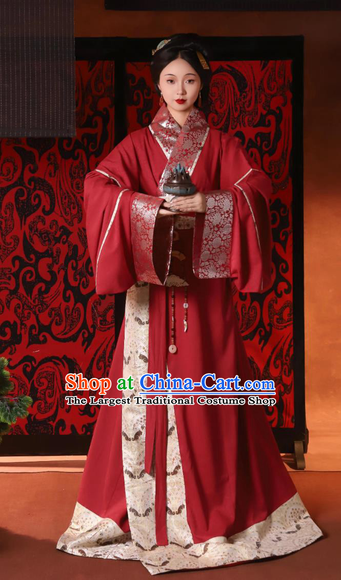 Ancient Noble Woman Wedding Costume Chu Style Restoration Red Straight Lapel Robe Traditional Chinese Hanfu