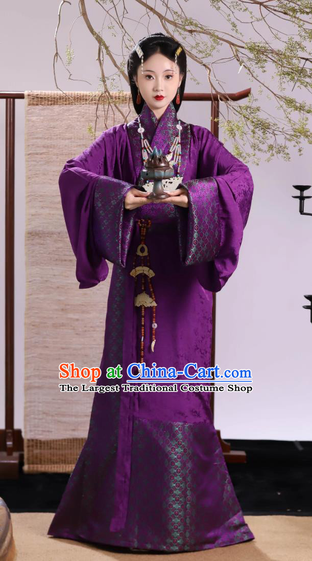 Spring and Autumn Period Chu Style Straight Lapel Robe Handmade Purple Linen Hanfu Traditional Chinese Costume